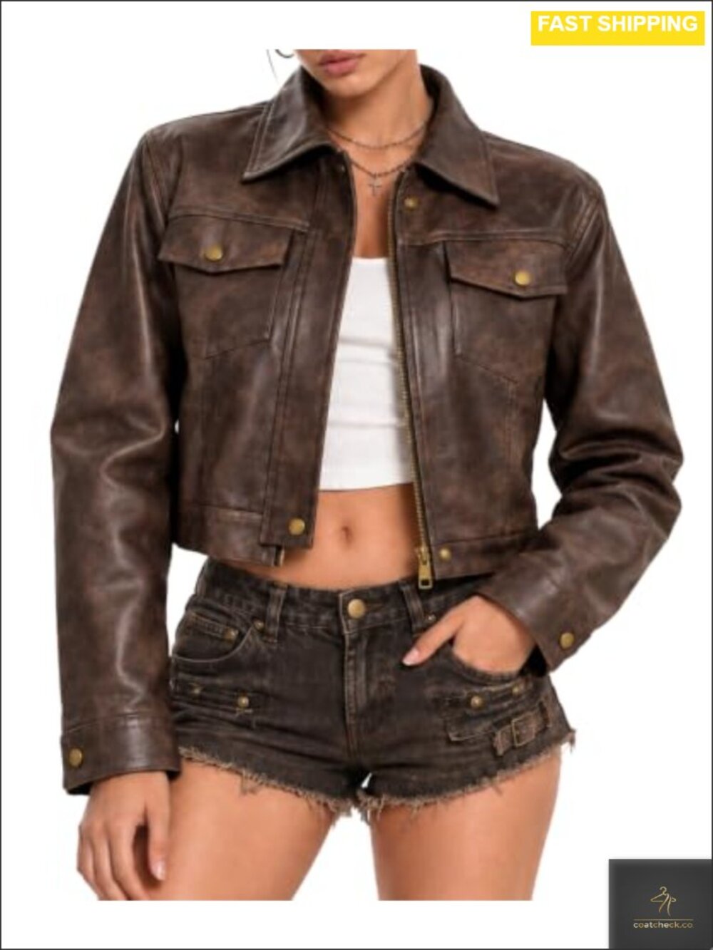 Cropped Faux Leather Jacket Distressed Vintage Workwear Utility